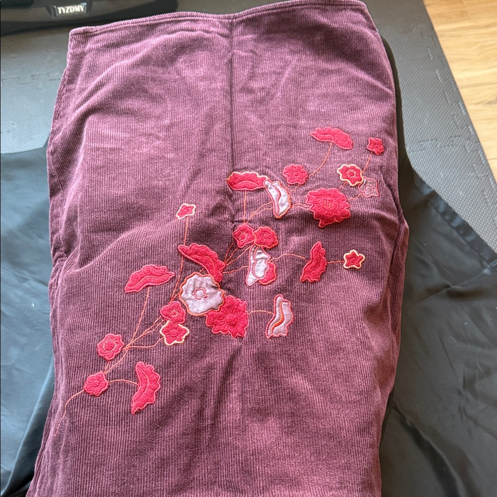Ann Taylor Loft Burgundy Corduroy Pencil Skirt with Red Floral Embroidery